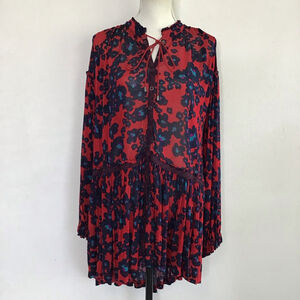Free People Women Elegant Event Ruffle High-Low Red Navy Floral Tunic Dress XS